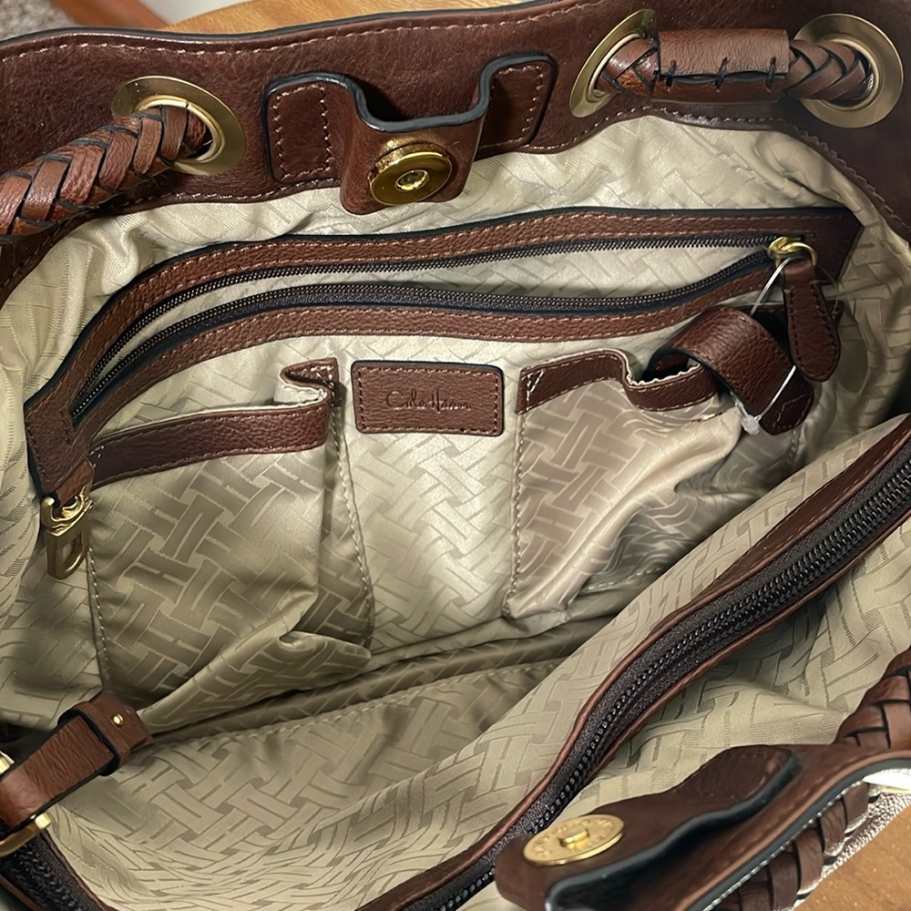 Cole Haan Brown Pebbled Leather Braided Handles Large Shoulder Bag - Picture 5 of 16